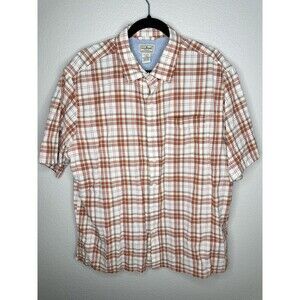 LL Bean Shirt Mens Large Brown Orange Plaid Short Sleeve Button Down Casual